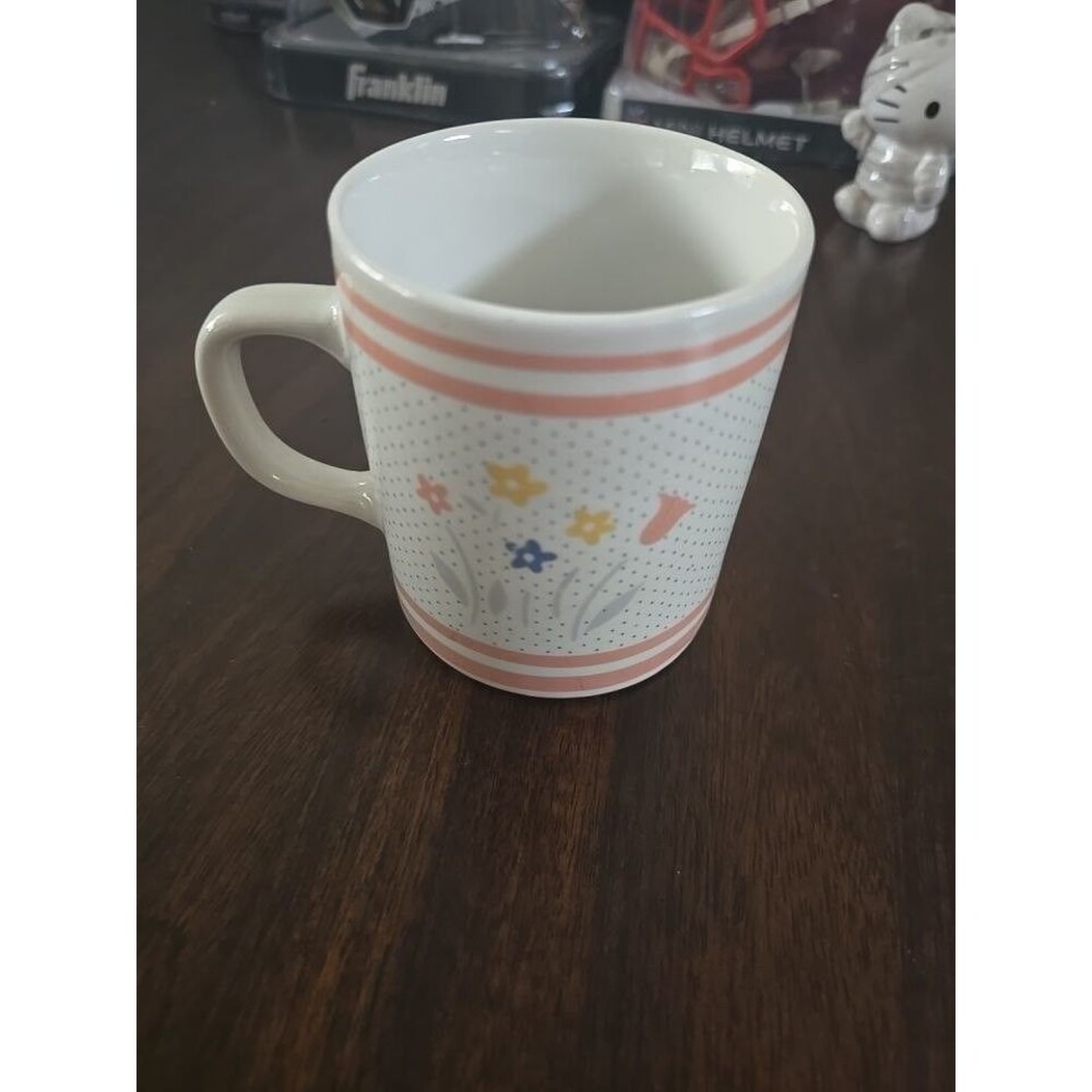 Vintage Floral Coffee Mug Pink Stripe Polka Dot Pastel Flowers Tulip Ceramic Cup
